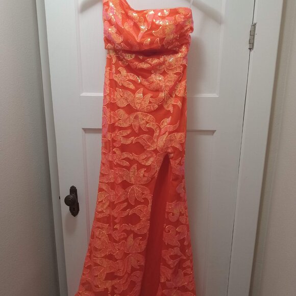 Sparkly Orange Sequin One Shoulder Long Prom Dress NWOT - Picture 2 of 7